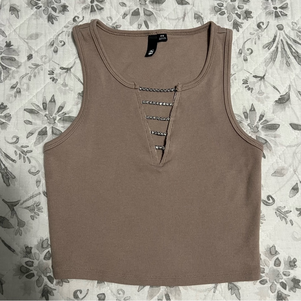 Garage Tan Rhinestone V Cut Cropped Tank Top